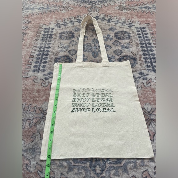 Hand Embroidered Green ‘Shop Local’ Tan Canvas On The Go Tote Bag - Picture 4 of 5